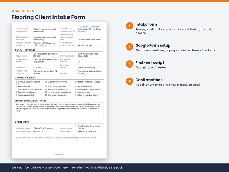 May include: A white Flooring Client Intake Form document featuring sections for project details, scope checklists, and next steps. To the right, four orange numbered circles list Intake form, Google Form setup, First-call script, and Confirmations.