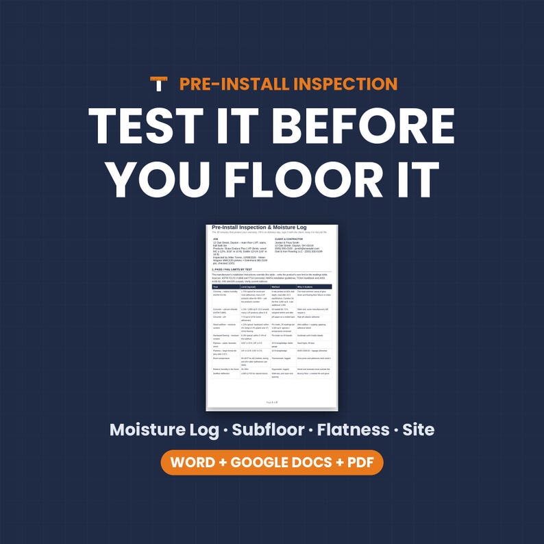 Pre-Install Inspection Form, Moisture Test Log, Subfloor Inspection Checklist, Flooring, Word Google Docs PDF image 1