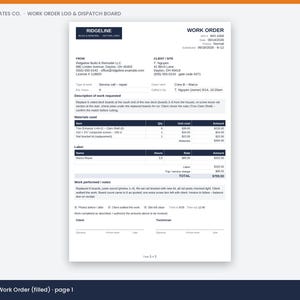 May include: A white printed work order document titled Ridgeline Build & Remodel LLC. The form includes sections for client details, description of work requested, materials used, labor costs, and work performed notes with a total of $705.50.
