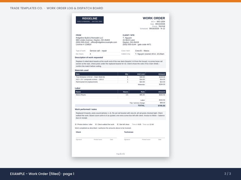 May include: A white printed work order document titled Ridgeline Build & Remodel LLC. The form includes sections for client details, description of work requested, materials used, labor costs, and work performed notes with a total of $705.50.