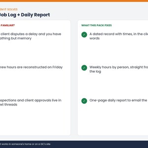 May include: A digital graphic titled Daily Job Log + Daily Report. It features two columns: Sounds Familiar with three red X icons next to common work issues, and What This Fixes with three green check icons detailing solutions for job logs.