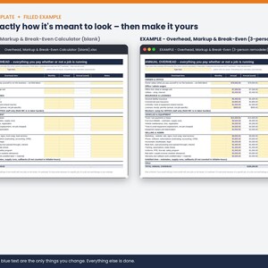 May include: A digital spreadsheet template titled Overhead, Markup & Break-Even Calculator. The image displays two versions: a blank template and a filled example for a 3-person remodeler, both featuring columns for monthly and annual costs.