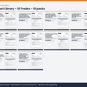 May include: A digital contract library bundle featuring ten trade-specific packs including flooring, remodeling, painting, roofing, plumbing, electrical, HVAC, landscaping, handyman, and deck/fence agreements, each with a blank template and example.