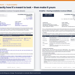 May include: A digital flooring installation contract template featuring a blank version on the left and a filled example on the right. Both documents include sections for contractor and client details, scope of work, materials, and hidden conditions.