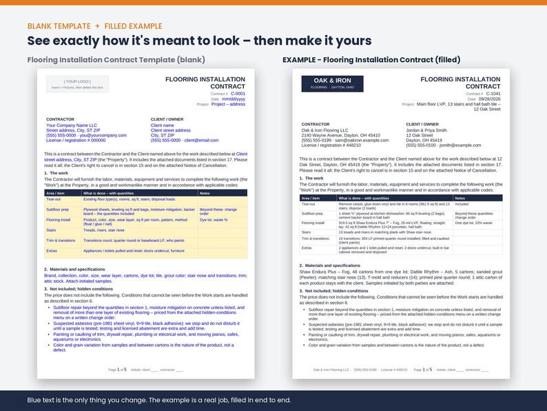May include: A digital flooring installation contract template featuring a blank version on the left and a filled example on the right. Both documents include sections for contractor and client details, scope of work, materials, and hidden conditions.