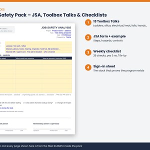 May include: A digital document titled Crew Safety Pack featuring a Job Safety Analysis form with sections for steps, hazards, and controls. The pack includes 13 toolbox talks, a JSA form with an example, a weekly checklist, and a sign-in sheet.