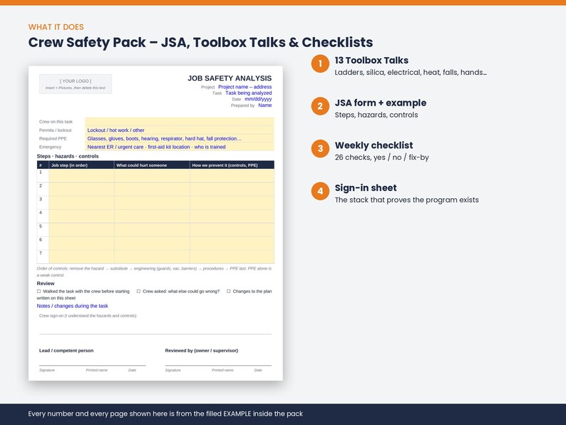 May include: A digital document titled Crew Safety Pack featuring a Job Safety Analysis form with sections for steps, hazards, and controls. The pack includes 13 toolbox talks, a JSA form with an example, a weekly checklist, and a sign-in sheet.