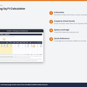 May include: A digital spreadsheet titled Flooring Sq Ft Calculator displayed on a screen. The interface includes sections for carpet, sheet goods, and epoxy coverage, with numbered lists detailing features like room measurements and conversion tables.