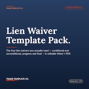 Op de afbeelding: Een donkerblauw digitaal sjabloonpakket getiteld Lien Waiver Template Pack. De tekst bevat Trade Template Co., Digital Download en een beschrijving van vier retentierecht-afstandsverklaringen: voorwaardelijk, onvoorwaardelijk, voortgang en finaal in Word en PDF.