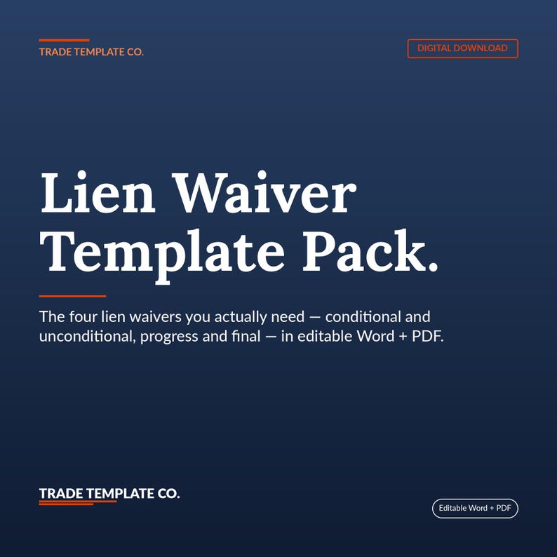 Op de afbeelding: Een donkerblauw digitaal sjabloonpakket getiteld Lien Waiver Template Pack. De tekst bevat Trade Template Co., Digital Download en een beschrijving van vier retentierecht-afstandsverklaringen: voorwaardelijk, onvoorwaardelijk, voortgang en finaal in Word en PDF.