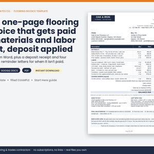 May include: A digital flooring invoice template for Word, Google Docs, and PDF. The document features a header for Oak & Iron, sections for materials and labor, change orders, payment instructions, and a final walkthrough checklist for contractors.
