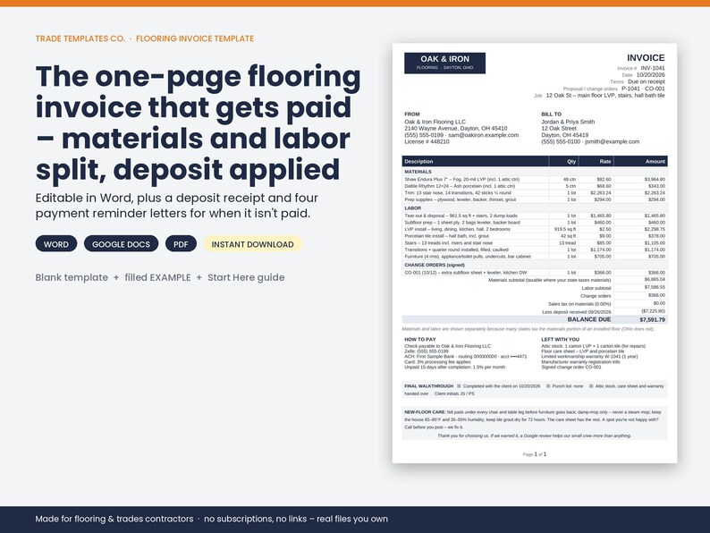 May include: A digital flooring invoice template for Word, Google Docs, and PDF. The document features a header for Oak & Iron, sections for materials and labor, change orders, payment instructions, and a final walkthrough checklist for contractors.
