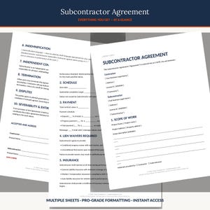 Subcontractor Agreement Template | Editable Construction Sub Contract | Scope Payment Insurance Lien Waiver Clauses | Word PDF imagen 3