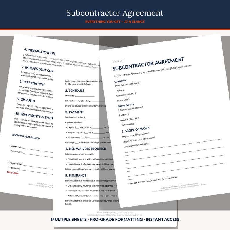 Subcontractor Agreement Template | Editable Construction Sub Contract | Scope Payment Insurance Lien Waiver Clauses | Word PDF imagen 3