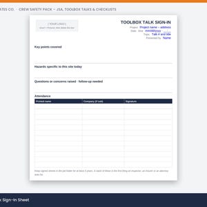 May include: A white digital template for a Toolbox Talk Sign-In sheet. The document includes fields for project name, address, date, time, topic, and presenter. It features sections for key points, hazards, concerns, and an attendance table with columns.