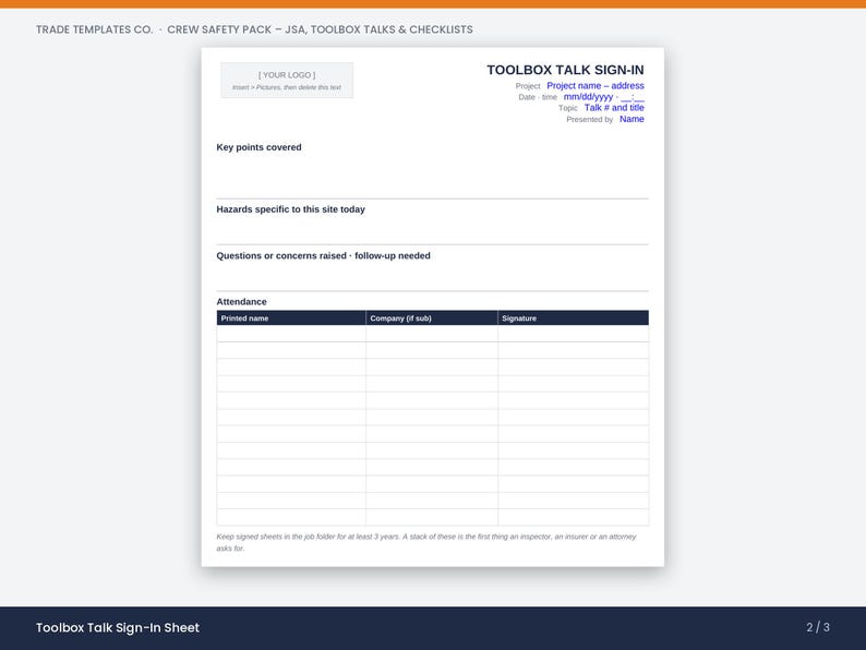 May include: A white digital template for a Toolbox Talk Sign-In sheet. The document includes fields for project name, address, date, time, topic, and presenter. It features sections for key points, hazards, concerns, and an attendance table with columns.