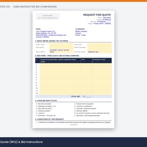 May include: A white document titled Request for Quote with blue text and yellow highlighted fields. It includes sections for bidder information, project details, a twelve-line bid form table, and a checklist of required bid terms and conditions.