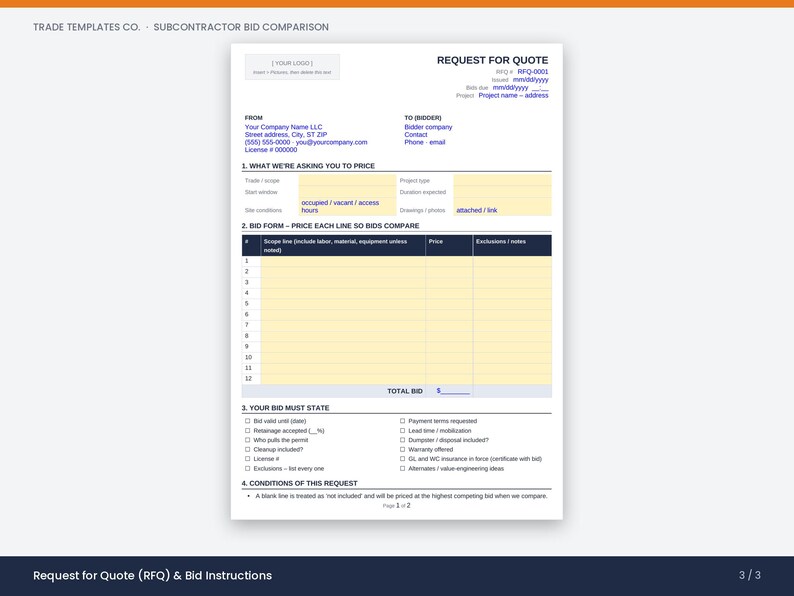 May include: A white document titled Request for Quote with blue text and yellow highlighted fields. It includes sections for bidder information, project details, a twelve-line bid form table, and a checklist of required bid terms and conditions.