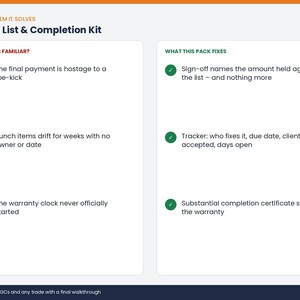 May include: A white informational graphic titled Punch List & Completion Kit. The left column, Sounds Familiar, lists three common project issues with red X icons. The right column, What This Pack Fixes, lists three solutions with green check marks.