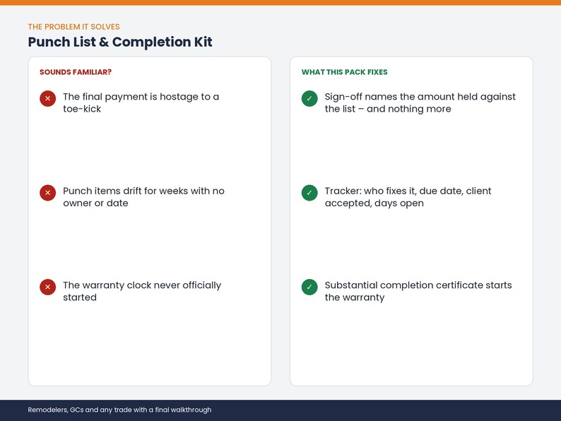 May include: A white informational graphic titled Punch List & Completion Kit. The left column, Sounds Familiar, lists three common project issues with red X icons. The right column, What This Pack Fixes, lists three solutions with green check marks.