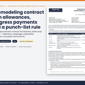 May include: A digital remodeling and home improvement contract template featuring a dark blue header with the text Trade Templates Co. and a detailed example document on the right side. The document includes sections for contractor details, scope of work, and project specifications.