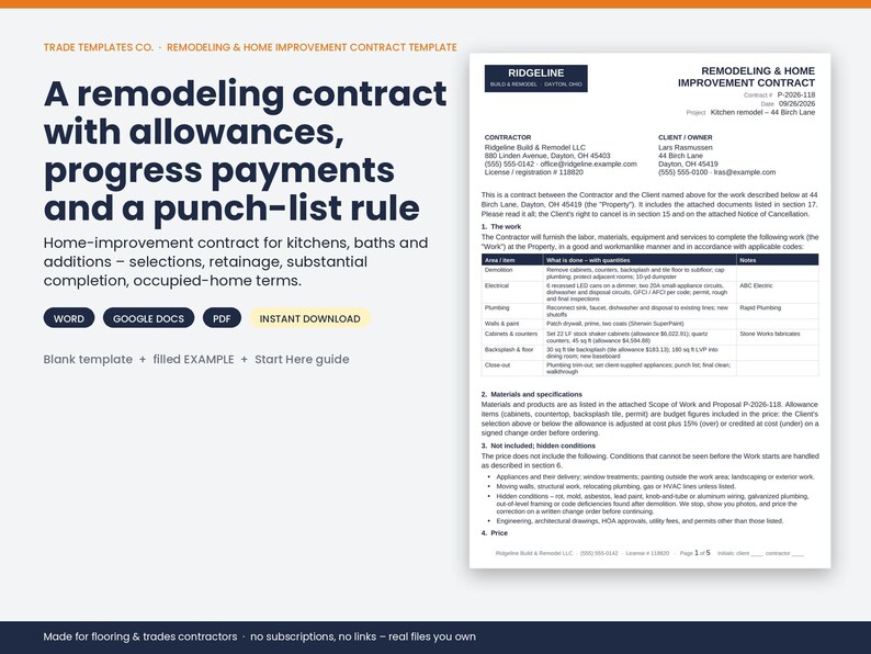May include: A digital remodeling and home improvement contract template featuring a dark blue header with the text Trade Templates Co. and a detailed example document on the right side. The document includes sections for contractor details, scope of work, and project specifications.