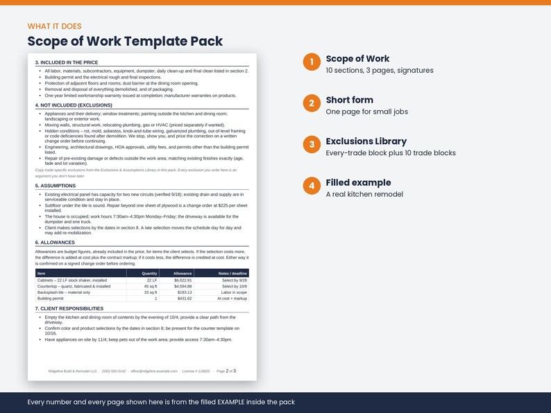 Scope of Work Template, Construction SOW, Exclusions & Assumptions Library, Short Form, Word Google Docs PDF image 4