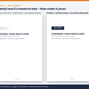 May include: Two white document templates titled CHOOSING YOUR NEW FLOOR. The left shows a blank placeholder for a logo and contact details. The right shows a branded version with OAK & IRON text, company name, phone number, and email address.