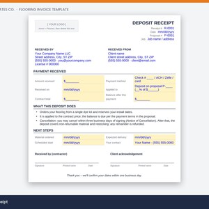 May include: A white flooring deposit receipt template featuring blue text and yellow fillable fields. The document includes sections for company and client information, payment details, terms regarding material orders, and signature lines for both parties.