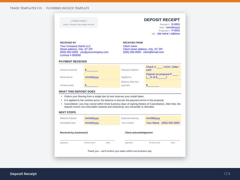 May include: A white flooring deposit receipt template featuring blue text and yellow fillable fields. The document includes sections for company and client information, payment details, terms regarding material orders, and signature lines for both parties.