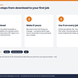 May include: An instructional graphic titled How it works: Three steps from download to your first job. It outlines three numbered steps: 1. Download, 2. Make it yours, and 3. Use it on every job. It lists compatibility with Word, Google Docs, and PDF.