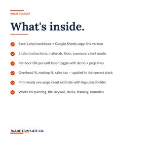 May include: A digital document titled What's inside. It lists features including an Excel workbook and Google Sheets link, 5 tabs for instructions, materials, labour, summary, and client quote, labour toggles, overhead, markup, tax, and a print-ready estimate.