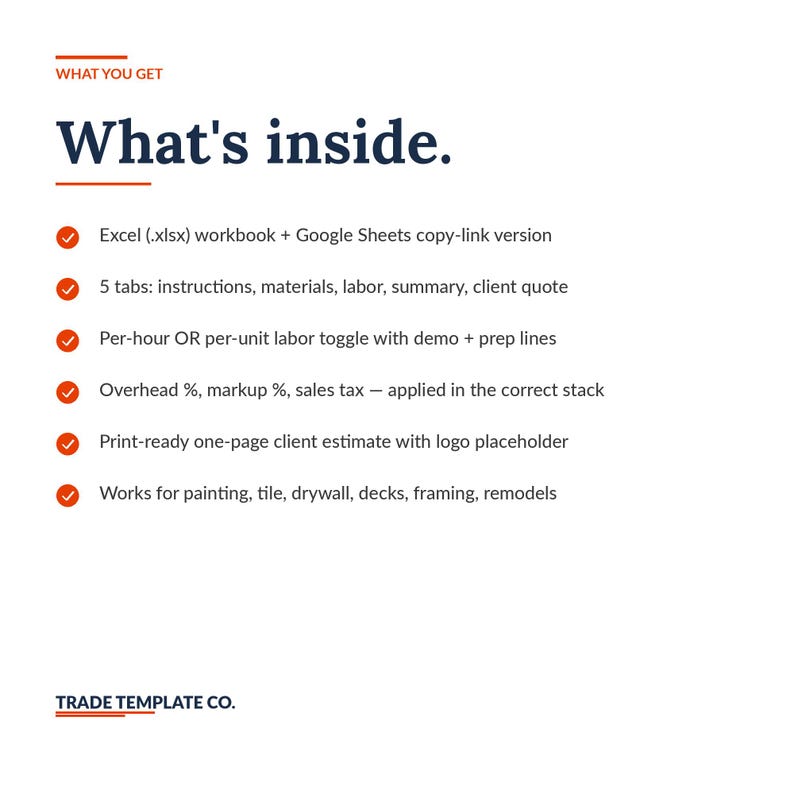 May include: A digital document titled What's inside. It lists features including an Excel workbook and Google Sheets link, 5 tabs for instructions, materials, labour, summary, and client quote, labour toggles, overhead, markup, tax, and a print-ready estimate.