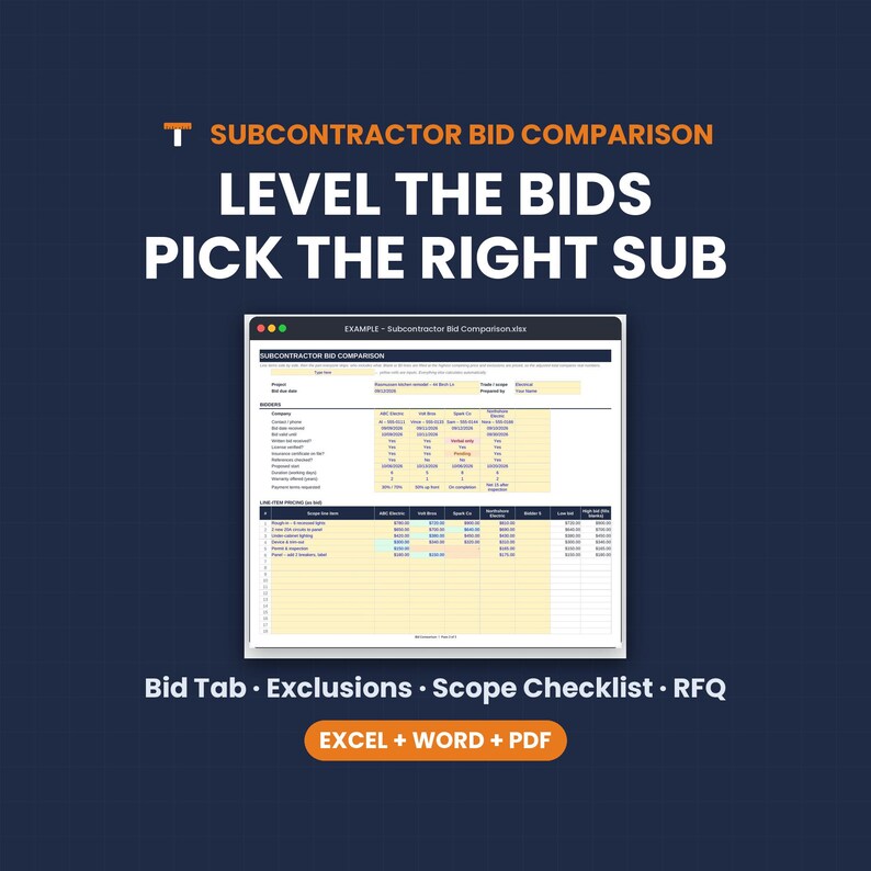 Bid Comparison Template, Bid Tabulation Sheet, Subcontractor Bid Leveling, RFQ Form, Excel Google Sheets image 10