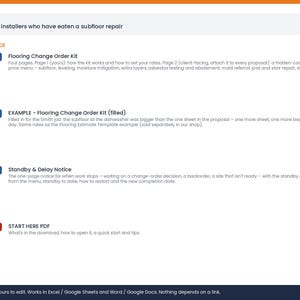 May include: A digital document set for flooring installers including a Flooring Change Order Kit, a filled example, a Standby & Delay Notice, and a Start Here PDF. The text outlines instructions for subfloor repairs, rate setting, and client-facing price menus.