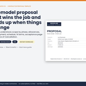 May include: A digital contractor proposal template for a kitchen remodel. The document includes sections for scope, allowances, price, schedule, and terms. It features buttons for Word, Google Docs, and PDF formats, plus a blank template and guide.