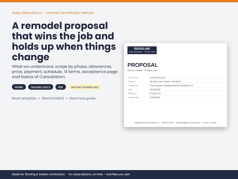 May include: A digital contractor proposal template for a kitchen remodel. The document includes sections for scope, allowances, price, schedule, and terms. It features buttons for Word, Google Docs, and PDF formats, plus a blank template and guide.