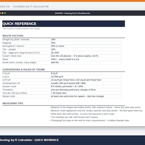 May include: A digital flooring square footage calculator template titled Quick Reference. The document includes sections for waste factors, conversions, rules of thumb, and measuring tips for flooring installation projects in a clear table format.