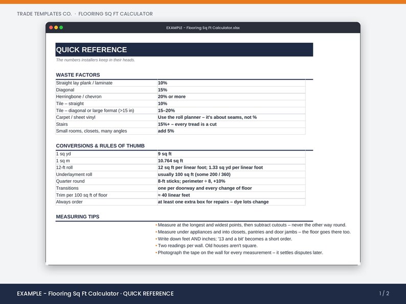 May include: A digital flooring square footage calculator template titled Quick Reference. The document includes sections for waste factors, conversions, rules of thumb, and measuring tips for flooring installation projects in a clear table format.