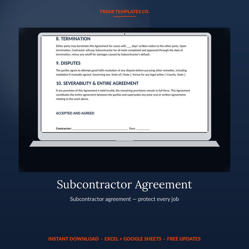 Subcontractor Agreement Template | Editable Construction Sub Contract | Scope Payment Insurance Lien Waiver Clauses | Word PDF imagen 1