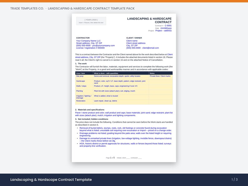 Preview of the filled example in the Landscaping & Hardscape Contract Template Pack, showing a real job.