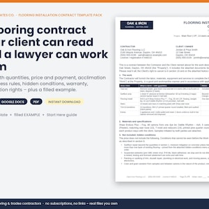 May include: A digital flooring installation contract template pack featuring a blank document and a filled example. The text includes Trade Templates Co., Flooring Installation Contract, and details for Oak & Iron Flooring LLC in Dayton, Ohio.