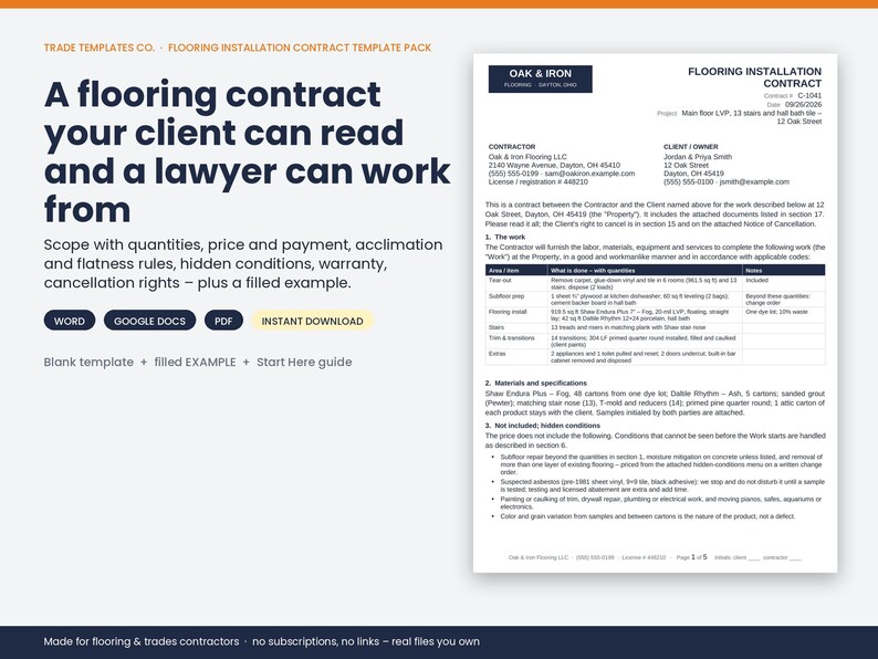 May include: A digital flooring installation contract template pack featuring a blank document and a filled example. The text includes Trade Templates Co., Flooring Installation Contract, and details for Oak & Iron Flooring LLC in Dayton, Ohio.