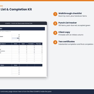 May include: A digital Punch List and Completion Kit document featuring a summary table with project status, items, and completion percentages. The kit includes a walkthrough checklist, a tracker for 100 items, a client copy, and two completion certificates.