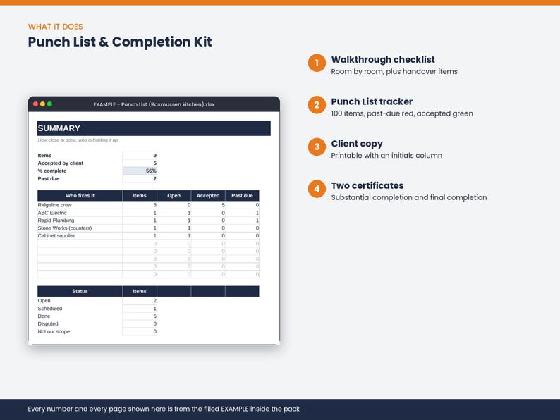 May include: A digital Punch List and Completion Kit document featuring a summary table with project status, items, and completion percentages. The kit includes a walkthrough checklist, a tracker for 100 items, a client copy, and two completion certificates.