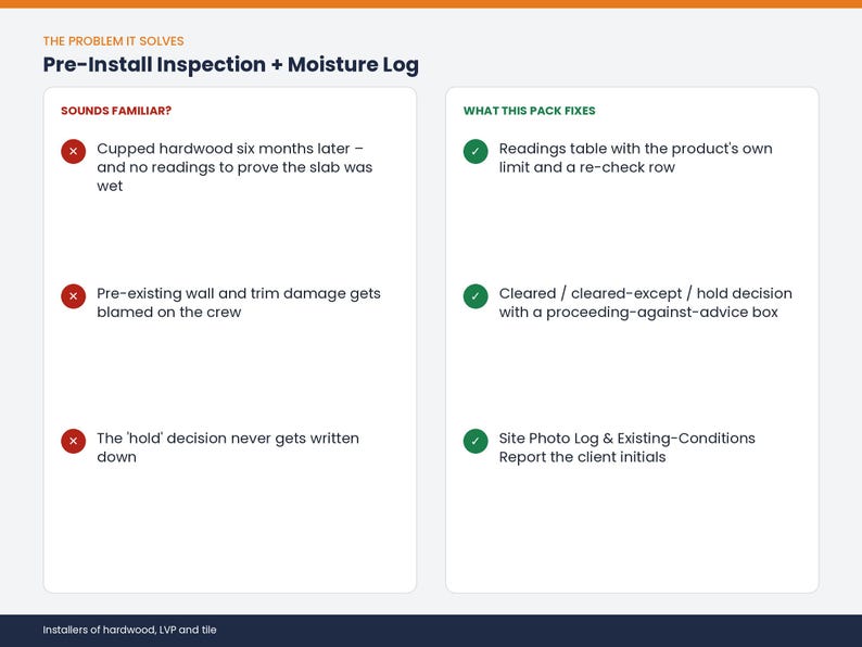 May include: An informational graphic titled Pre-Install Inspection + Moisture Log. The left column lists common problems with red X icons, while the right column lists solutions with green check marks for installers of hardwood, LVP, and tile.