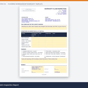 May include: A white flooring workmanship warranty template document featuring sections for contractor and client information, a complaint description, inspection conditions, findings with checkboxes, and a remedy section for repair or replacement costs.