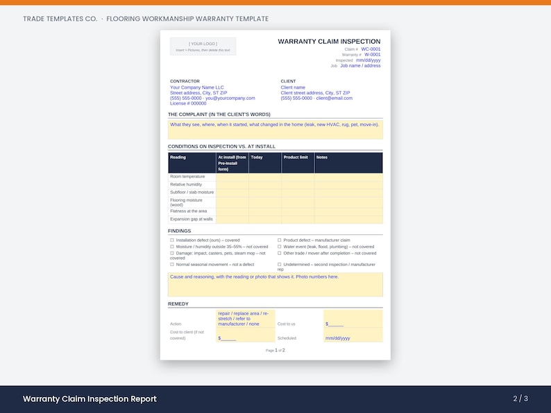 May include: A white flooring workmanship warranty template document featuring sections for contractor and client information, a complaint description, inspection conditions, findings with checkboxes, and a remedy section for repair or replacement costs.
