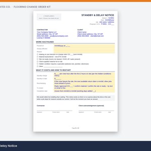 May include: A white document titled Standby & Delay Notice for flooring projects. It includes sections for contractor and client contact details, reasons for work stoppage, standby charges, and a signature area for formal acknowledgement.