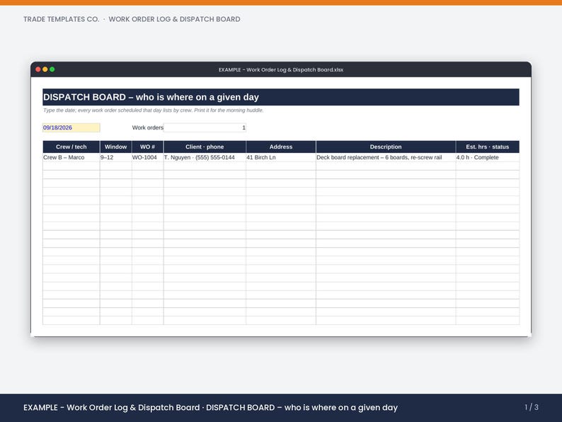May include: A digital spreadsheet template titled Work Order Log & Dispatch Board. The interface features a dark blue header with the text DISPATCH BOARD &ndash; who is where on a given day, followed by columns for crew, window, work order number, client, address, description, and status.